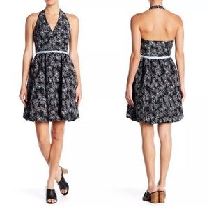 Maggy London Black and Blue Floral Halter Bubble Hem Dress